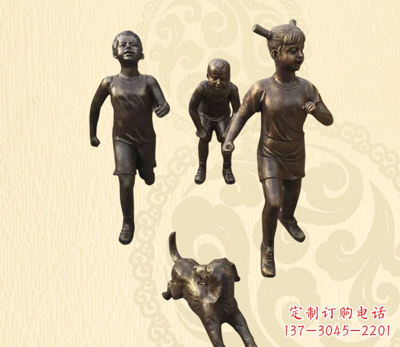 宁波奔跑的儿童和小狗小品铜雕