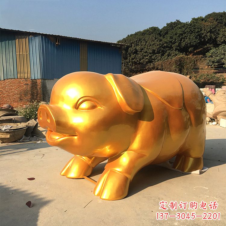 宁波玻璃钢大型漆金猪仔雕塑-大型商场美陈动物雕塑