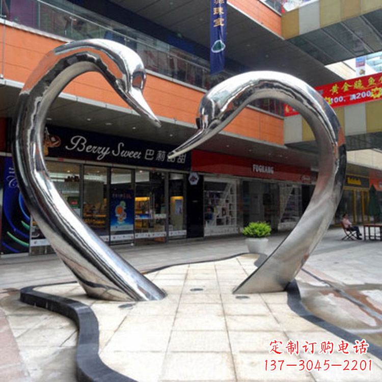 宁波不锈钢爱心天鹅情侣雕塑——抽象动物景观的精美礼赞
