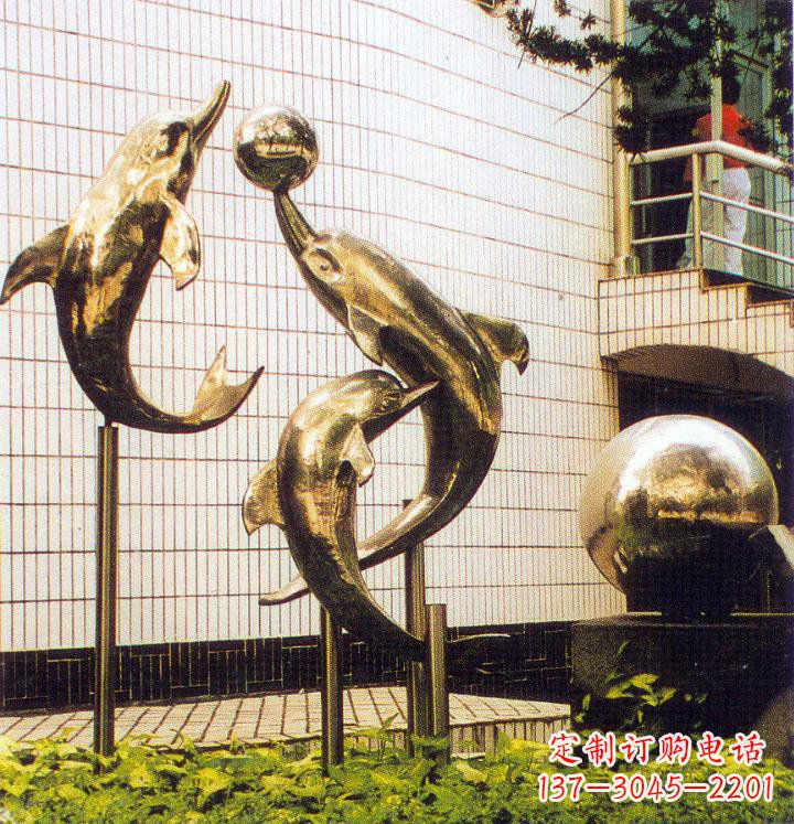宁波不锈钢海豚戏球校园雕塑