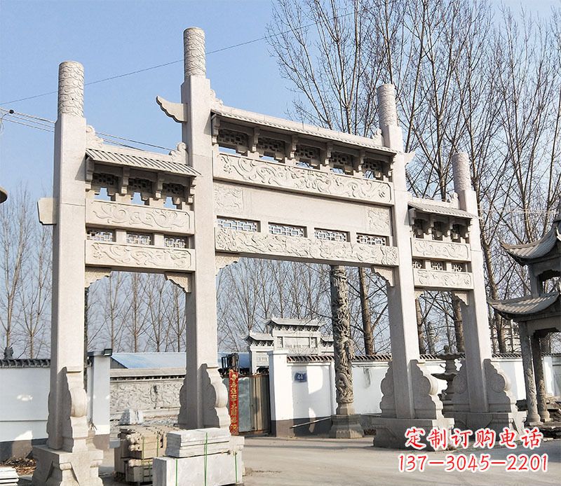 宁波村口三门石牌坊石雕 (3)