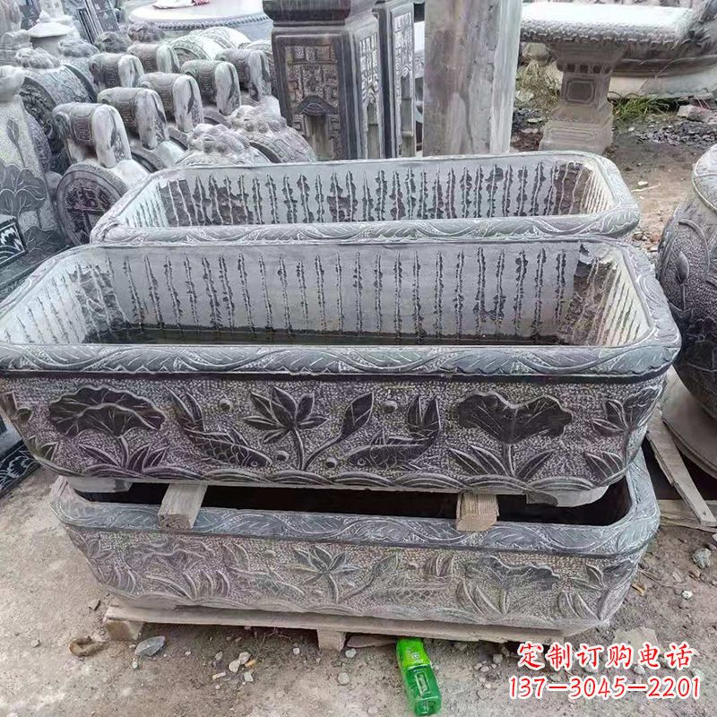 宁波方形石槽雕塑,打造完美家庭养鱼石缸