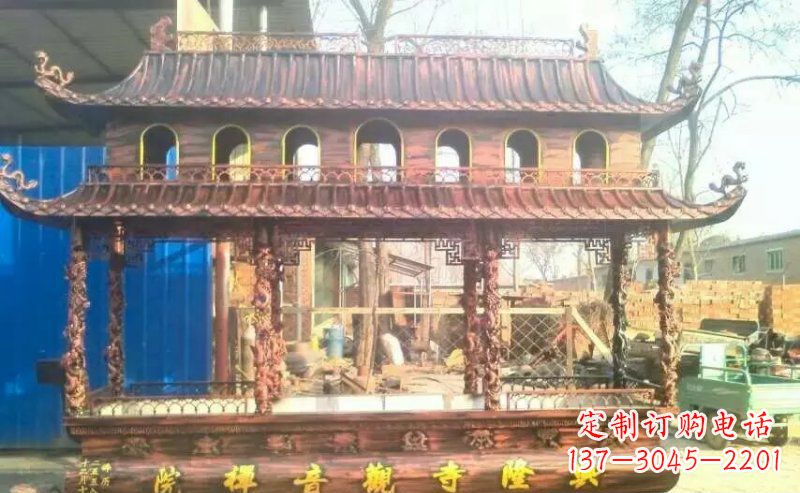 宁波方形寺庙香炉铜雕_1