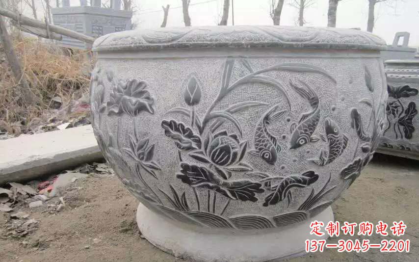 宁波仿古雕刻鲤鱼石浮雕水缸