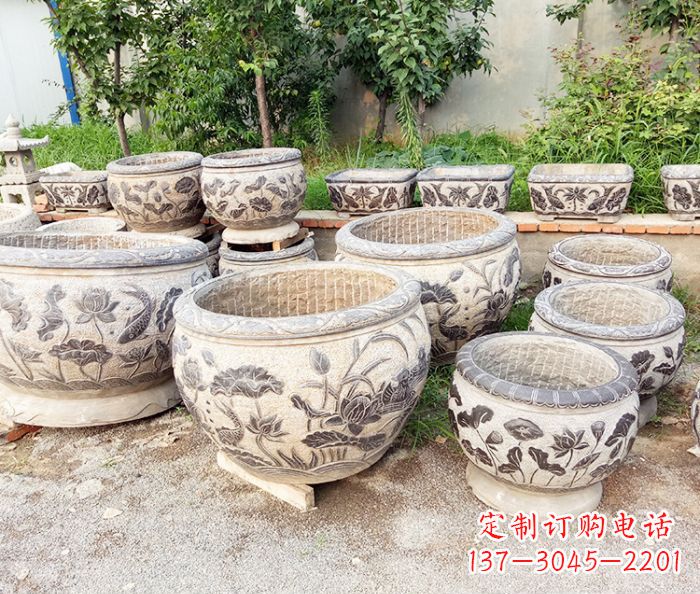 宁波仿古石雕鲤鱼浮雕水缸