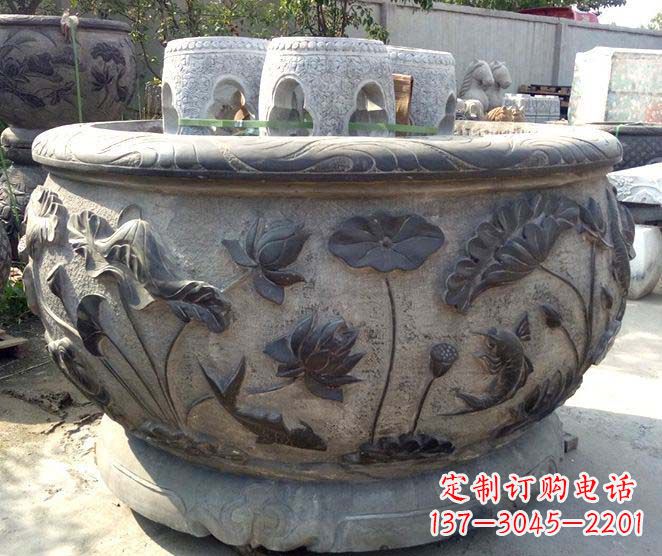 宁波精美仿古荷花鲤鱼浮雕石水缸