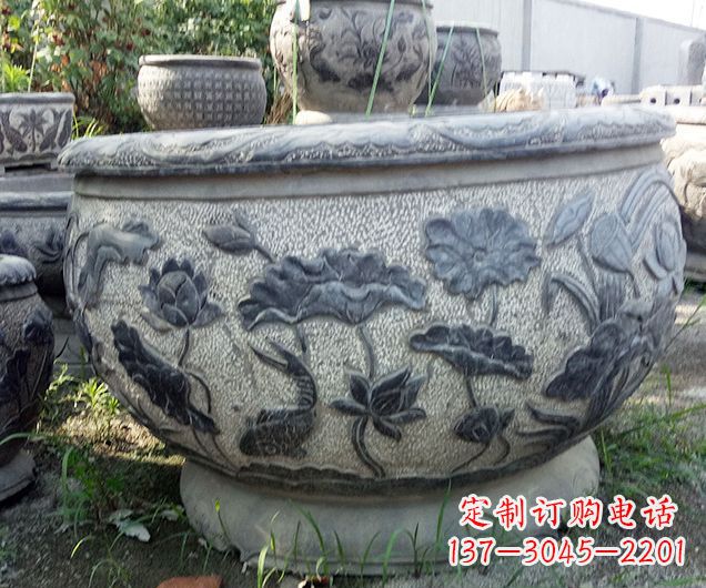 宁波中领雕塑仿古荷花石浮雕水缸