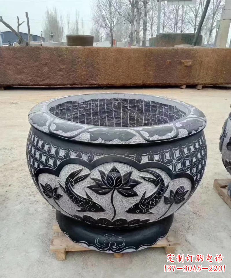 宁波仿古石雕荷花鲤鱼水缸