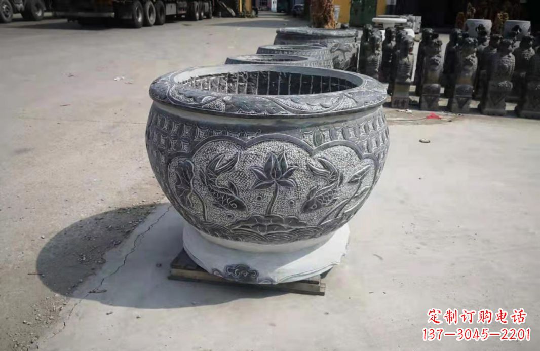 宁波仿古石水缸荷花鲤鱼石雕