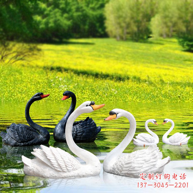 宁波仿真天鹅玻璃钢雕塑-黑白天鹅园林水景装饰动物摆件