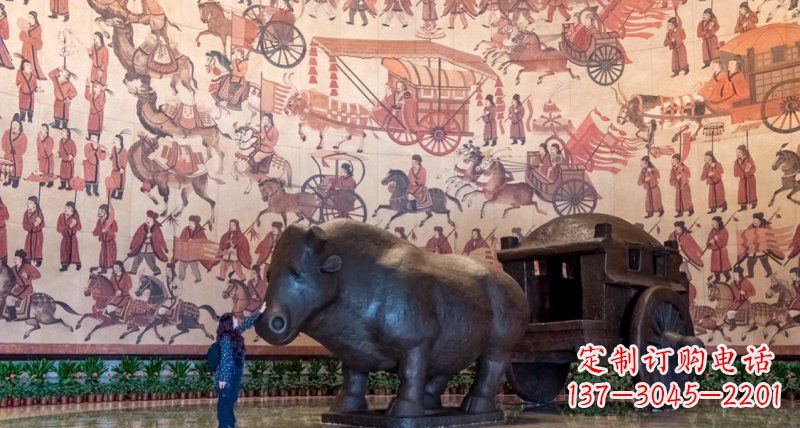 宁波传统风格铜河马拉车景观雕塑