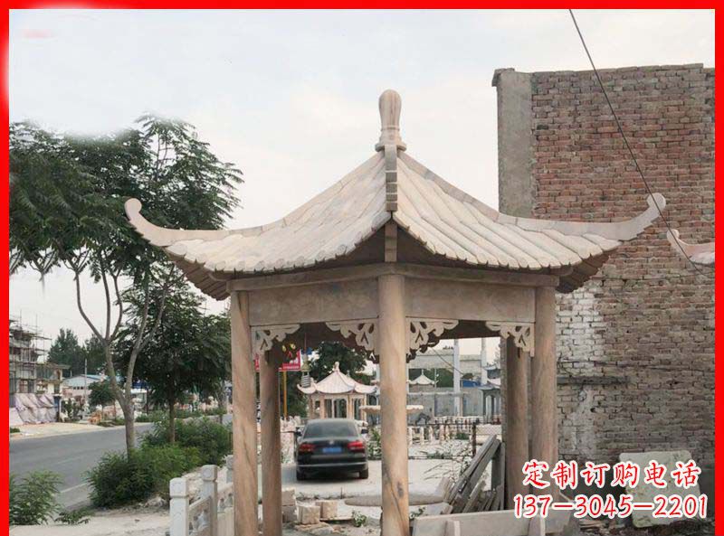 宁波公园晚霞红六角石凉亭雕塑