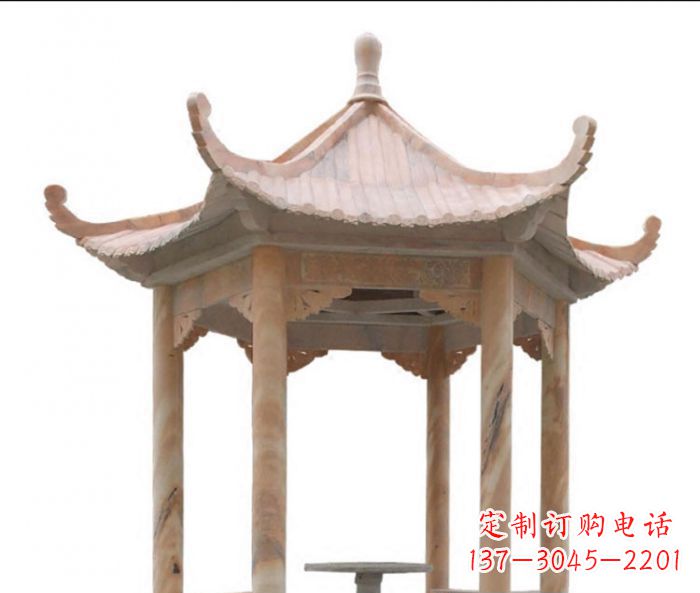 宁波美丽而优雅的公园晚霞红六角石凉亭雕塑