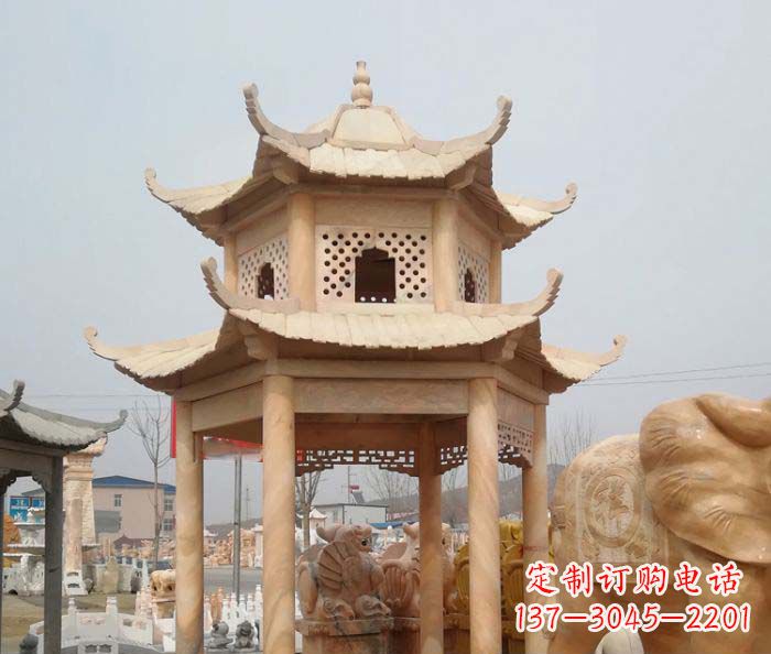 宁波红双层六角石凉亭雕塑