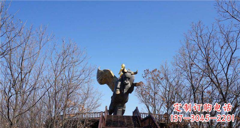宁波精美铜雕雕塑——可爱小男孩站在飞牛上