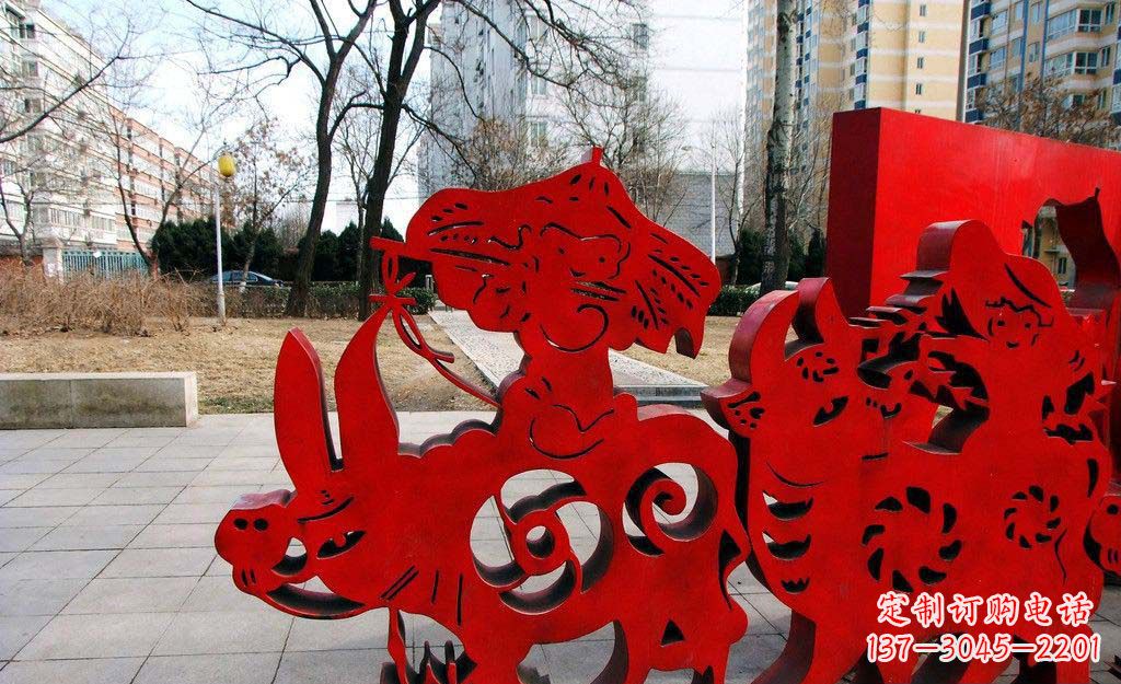 宁波广场不锈钢剪纸牧童牛雕塑