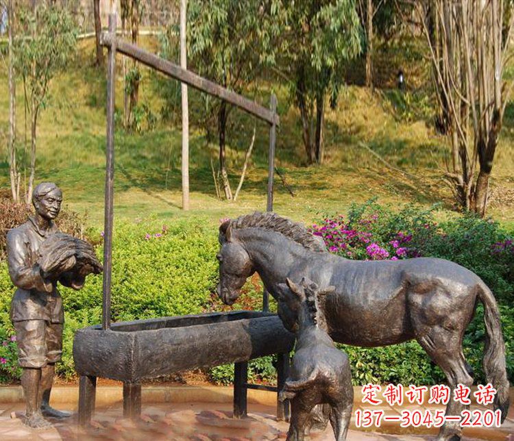 宁波广场铜雕喂马动物雕塑