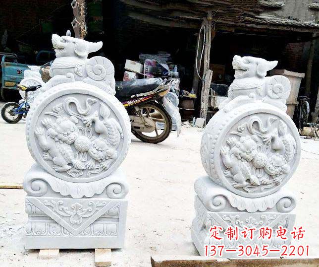 宁波汉白玉抱鼓石招财石门墩石雕