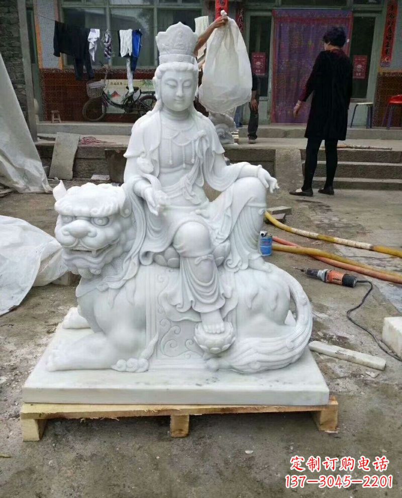 宁波高端汉白玉文殊菩萨狮子雕塑