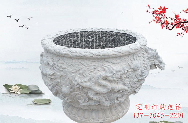 宁波汉白玉龙浮雕水缸,传承传统经典