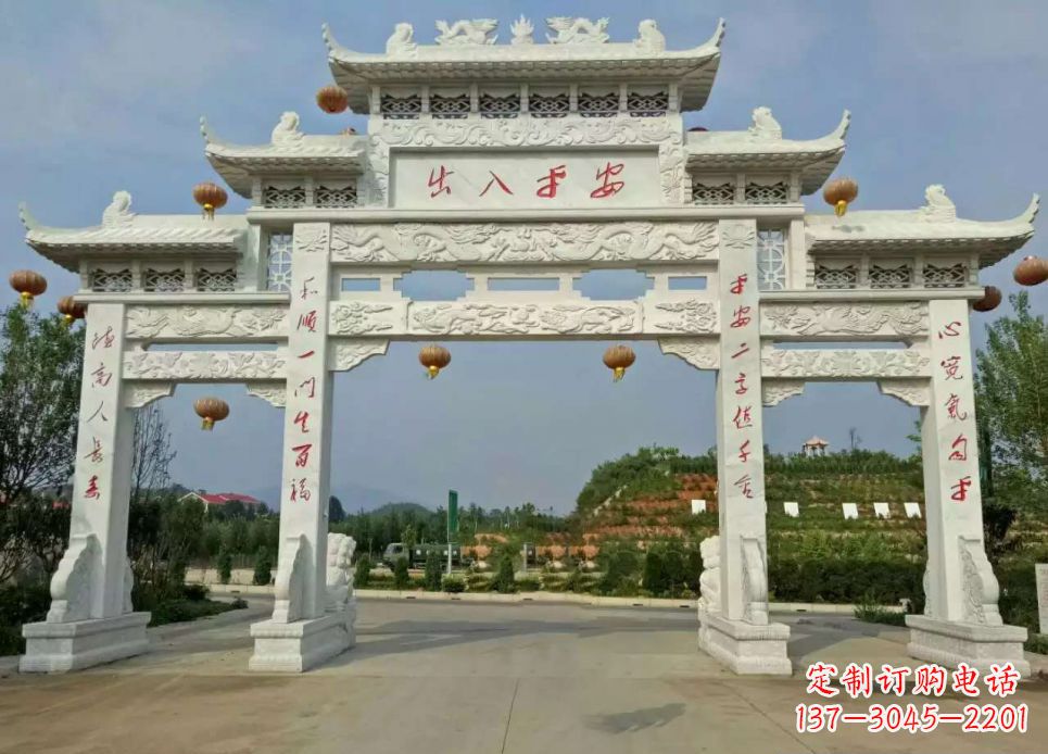 宁波汉白玉三门石牌坊雕塑1