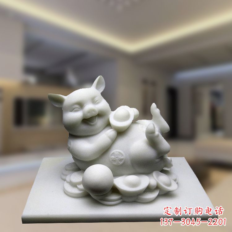 宁波汉白玉动物雕塑,招财猪石雕精美装饰