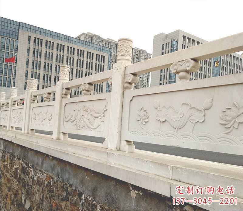 宁波荷花鲤鱼石浮雕汉白玉石栏板石雕