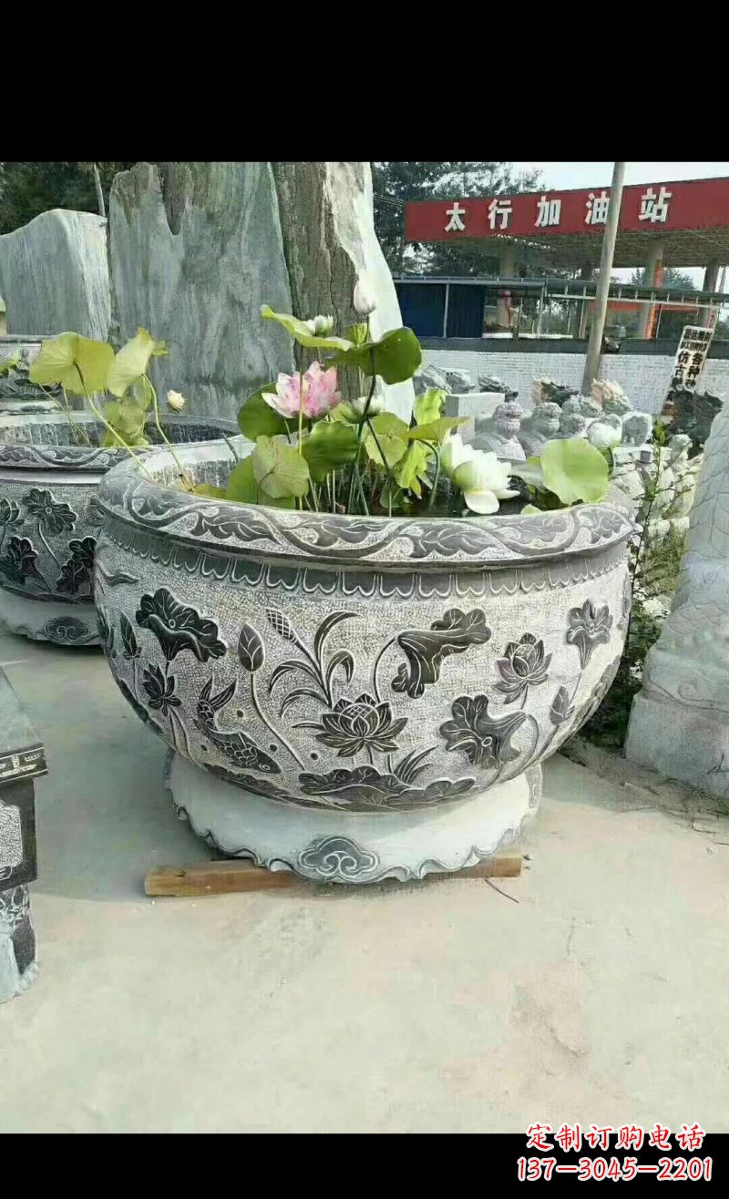 宁波精美荷花鲤鱼石浮雕水缸