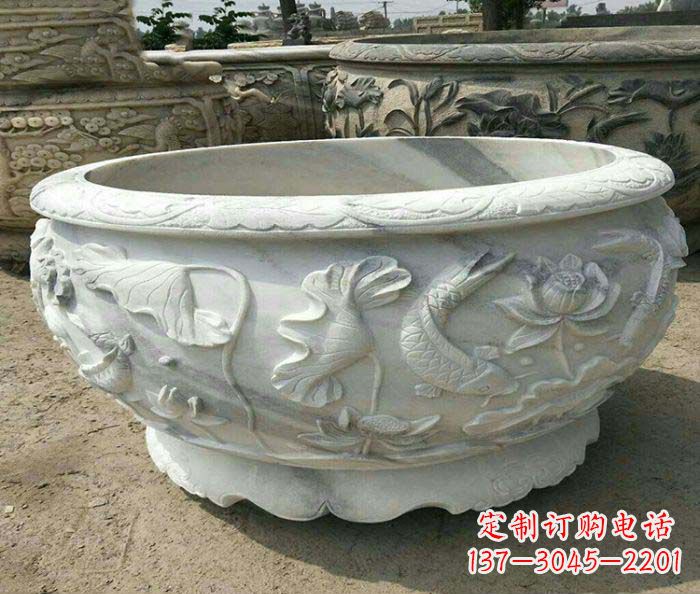 宁波荷花鲤鱼石雕招财水缸