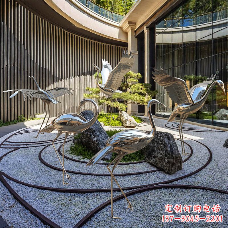 宁波镜面不锈钢仙鹤雕塑,别墅庭院室内动物装饰摆件