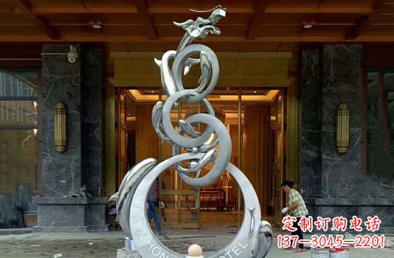 宁波酒店不锈钢抽象鱼跃龙门雕塑