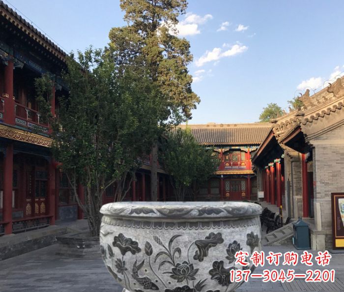 宁波连年有鱼石浮雕圆形荷花水缸