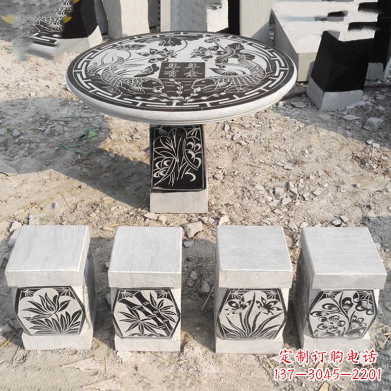 宁波梅兰竹菊仿古方石桌凳雕塑,古朴典雅