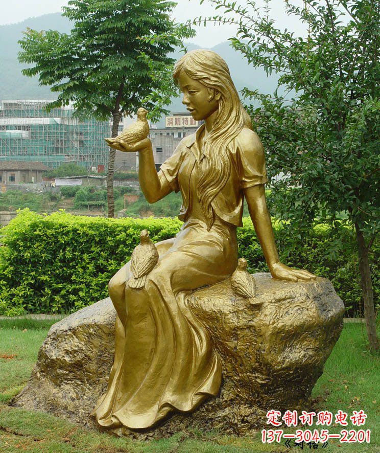 宁波美女与鸽子对话公园景观铜雕