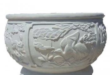 宁波汉白玉松鹤延年浮雕水缸，带给您无尽的岁月美景