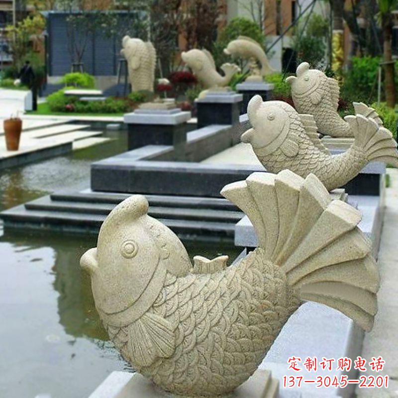 宁波喷水鱼砂岩石雕-园林水池雕塑