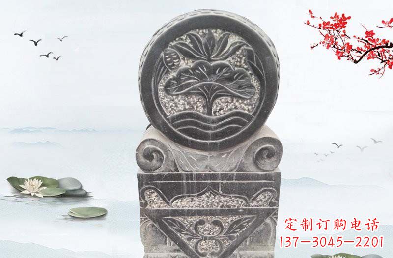 宁波青石连年有余浮雕石门墩