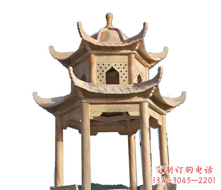 宁波双层晚霞红凉亭石雕 (2)