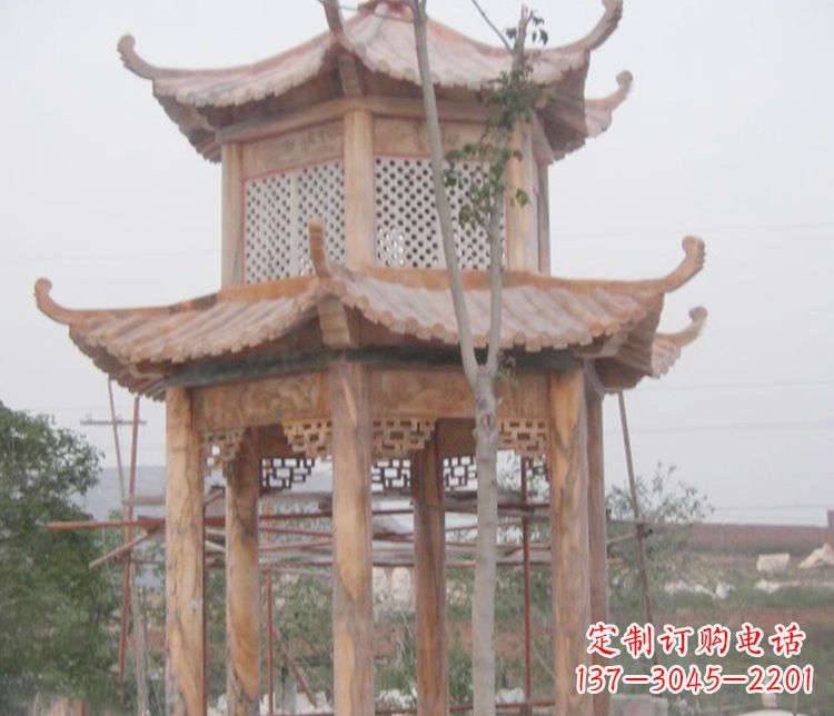 宁波双层晚霞红石凉亭石雕 (2)