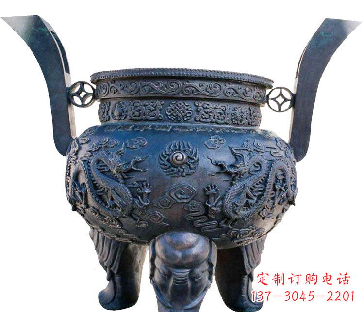 宁波寺庙圆形三足鼎铜雕香炉
