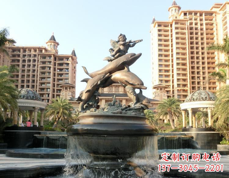 宁波跳跃的海豚和小天使喷泉铜雕