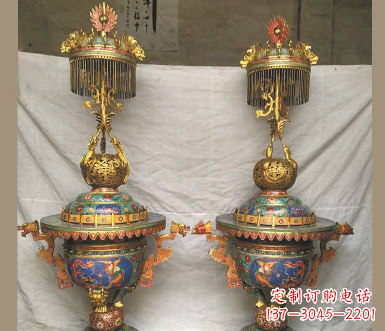 宁波铜雕彩绘香炉景观摆件