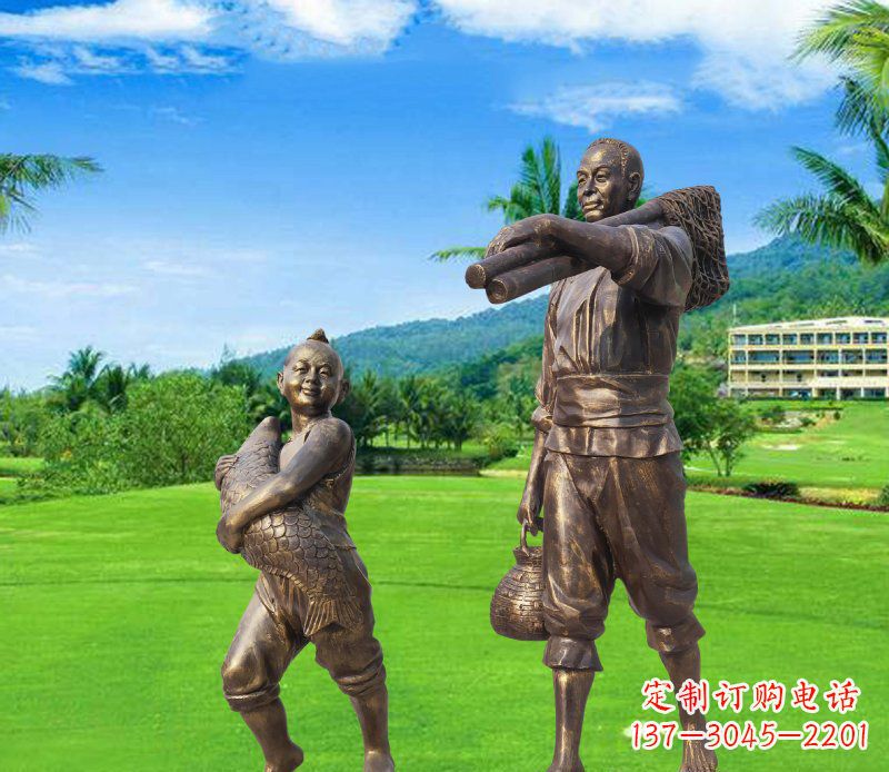 宁波铜雕渔民父子人物雕塑