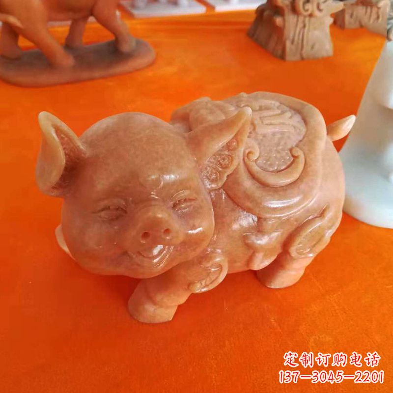 宁波晚霞红大理石招财猪雕塑-企业商场创意生肖动物风水摆件