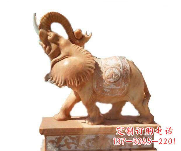 宁波晚霞红吉祥如意象鼻朝天的大象石雕
