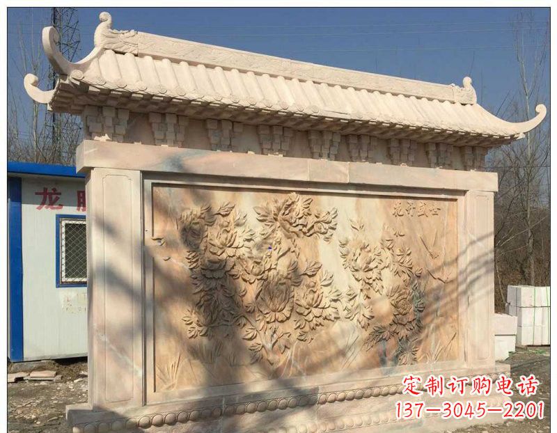 宁波晚霞红牡丹花浮雕影壁