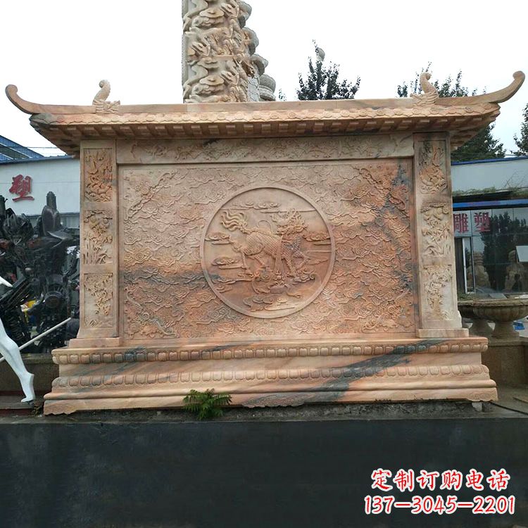 宁波晚霞红麒麟影壁墙石雕