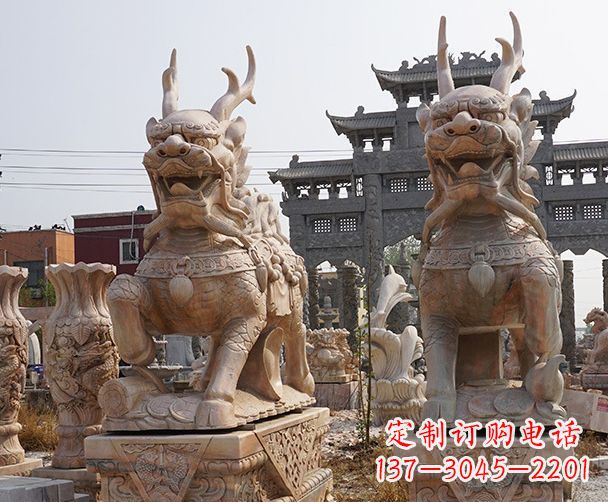 宁波晚霞红瑞兽麒麟石雕 (2)