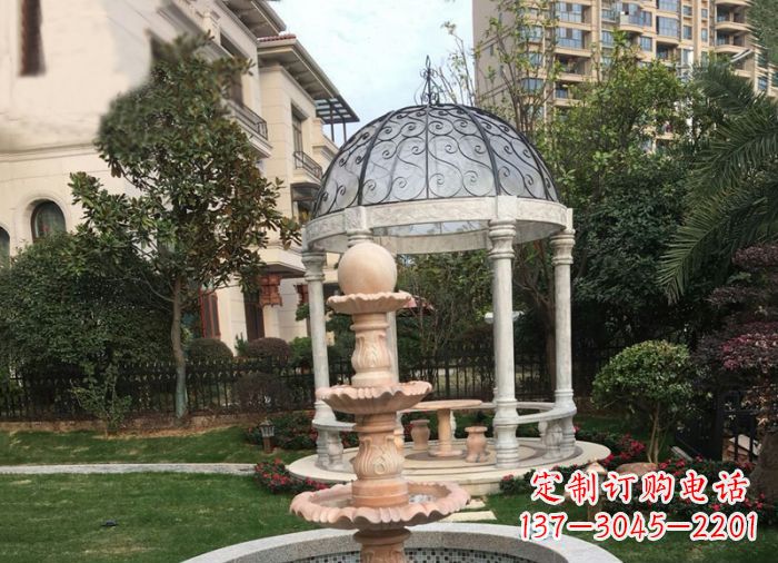 宁波晚霞红三层风水球喷泉小区石雕