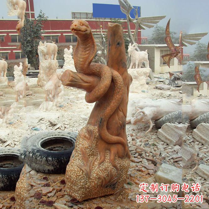 宁波晚霞红蛇石雕-12生肖动物雕塑